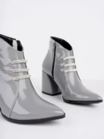 Marshetta Shoes Gri Kırık Rugan Taşlı Sivri Burun Kalın Topuklu Bot