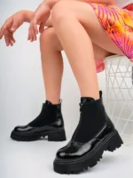 Marshetta Shoes Isabel Model Siyah Kırık Rugan Kalın Tabanlı Önden Fermuarlı Kadın Bot