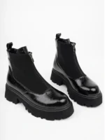 Marshetta Shoes Isabel Model Siyah Kırık Rugan Kalın Tabanlı Önden Fermuarlı Kadın Bot