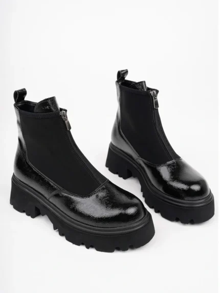 Marshetta Shoes Isabel Model Siyah Kırık Rugan Kalın Tabanlı Önden Fermuarlı Kadın Bot