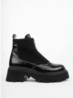 Marshetta Shoes Isabel Model Siyah Kırık Rugan Kalın Tabanlı Önden Fermuarlı Kadın Bot