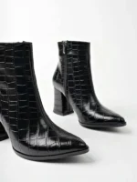 Marshetta Shoes Legend Model Siyah Kroko Sivri Burun Kalın Topuklu Yandan Fermuarlı Kadın Bot