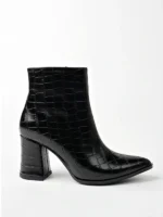 Marshetta Shoes Legend Model Siyah Kroko Sivri Burun Kalın Topuklu Yandan Fermuarlı Kadın Bot