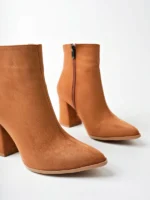 Marshetta Shoes Legend Model Taba Süet Sivri Burun Kalın Topuklu Yandan Fermuarlı Kadın Bot