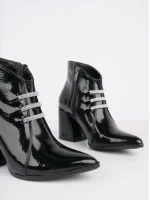 Marshetta Shoes Siyah Kırık Rugan Taşlı Sivri Burun Kalın Topuklu Bot