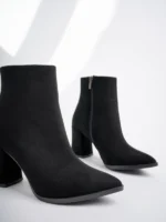 Marshetta Shoes Legend Model Siyah Süet Sivri Burun Kalın Topuklu Yandan Fermuarlı Kadın Bot