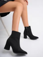 Marshetta Shoes Legend Model Siyah Süet Sivri Burun Kalın Topuklu Yandan Fermuarlı Kadın Bot