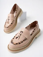 Marshetta Shoes Shadow Model Bej Cilt Leopar Şerit Ve Toka Detaylı Kadın Loafer Günlük Ayakkabı