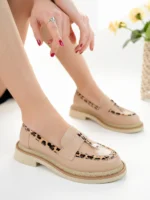 Marshetta Shoes Shadow Model Bej Cilt Leopar Şerit Ve Toka Detaylı Kadın Loafer Günlük Ayakkabı