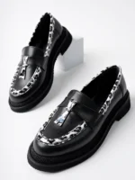 Marshetta Shoes Shadow Model Siyah Cilt Leopar Şerit ve Toka Detaylı Kadın Loafer Günlük Ayakkabı