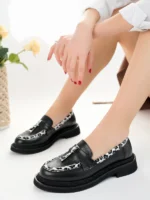Marshetta Shoes Shadow Model Siyah Cilt Leopar Şerit ve Toka Detaylı Kadın Loafer Günlük Ayakkabı