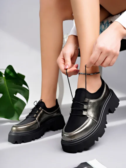 Marshetta Shoes Flex Model Scuba Dalgıç Kumaş Detaylı Platin Gümüş Kırışık Rugan Bağcıklı Kadın Loafer Ayakkabı