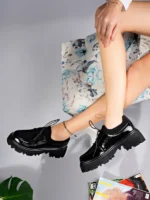 Flex Model Scuba Dalgıç Kumaş Detaylı Siyah Kırışık Rugan Bağcıklı Kadın Loafer Ayakkabı