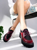 Marshetta Shoes Flex Model Scuba Dalgıç Kumaş Detaylı Bordo Kırışık Rugan Bağcıklı Kadın Loafer Ayakkabı
