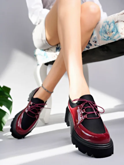 Marshetta Shoes Flex Model Scuba Dalgıç Kumaş Detaylı Bordo Kırışık Rugan Bağcıklı Kadın Loafer Ayakkabı
