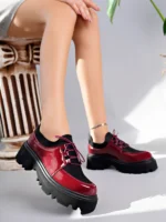Marshetta Shoes Flex Model Scuba Dalgıç Kumaş Detaylı Bordo Kırışık Rugan Bağcıklı Kadın Loafer Ayakkabı