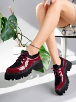 Marshetta Shoes Flex Model Scuba Dalgıç Kumaş Detaylı Bordo Kırışık Rugan Bağcıklı Kadın Loafer Ayakkabı