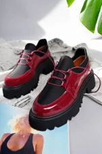 Marshetta Shoes Flex Model Scuba Dalgıç Kumaş Detaylı Bordo Kırışık Rugan Bağcıklı Kadın Loafer Ayakkabı