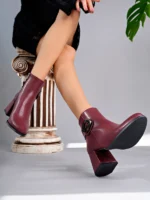 Grace Model Bordo Yuvarlak Burun Kalın Topuklu Yandan Fermuarlı Kadın Bot