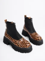 Marshetta Shoes İsabel Model Leopar Desenli Rugan Kalın Tabanlı Önden Fermuarlı Kadın Bot