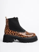 Marshetta Shoes İsabel Model Leopar Desenli Rugan Kalın Tabanlı Önden Fermuarlı Kadın Bot