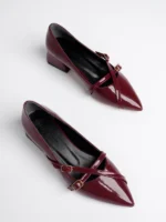 Marshetta Shoes Lizbon Model Toka Detaylı Bordo Rugan Sivri Burun Kare Topuklu Babet Kadın Ayakkabı