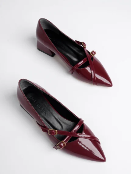 Marshetta Shoes Lizbon Model Toka Detaylı Bordo Rugan Sivri Burun Kare Topuklu Babet Kadın Ayakkabı