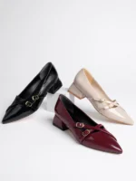 Marshetta Shoes Lizbon Model Toka Detaylı Bordo Rugan Sivri Burun Kare Topuklu Babet Kadın Ayakkabı
