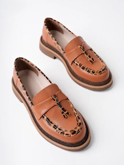 Marshetta Shoes Shadow Model Taba Cilt Leopar Şerit ve Toka Detaylı Kadın Loafer Günlük Ayakkabı