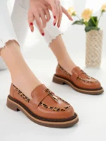 Marshetta Shoes Shadow Model Taba Cilt Leopar Şerit ve Toka Detaylı Kadın Loafer Günlük Ayakkabı