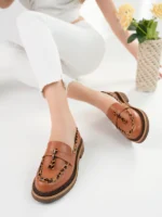Marshetta Shoes Shadow Model Taba Cilt Leopar Şerit ve Toka Detaylı Kadın Loafer Günlük Ayakkabı