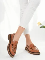 Marshetta Shoes Shadow Model Taba Cilt Leopar Şerit ve Toka Detaylı Kadın Loafer Günlük Ayakkabı