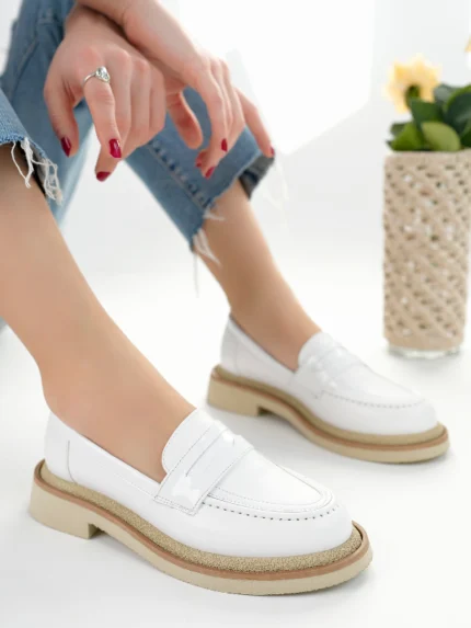 Marshetta Shoes Velora Model Beyaz Cilt Rugan Detaylı Kadın Loafer Günlük Ayakkabı Makosen