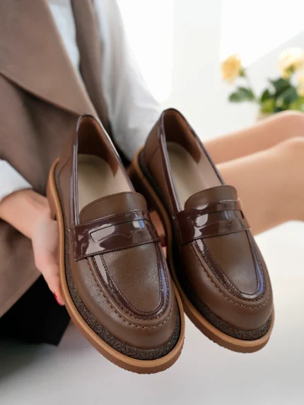 Marshetta Shoes Velora Model Kahverengi Cilt Rugan Detaylı Kadın Loafer Günlük Ayakkabı Makosen