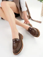 Marshetta Shoes Velora Model Kahverengi Cilt Rugan Detaylı Kadın Loafer Günlük Ayakkabı Makosen