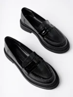 Marshetta Shoes Velora Model Siyah Cilt Rugan Detaylı Kadın Loafer Günlük Ayakkabı Makosen
