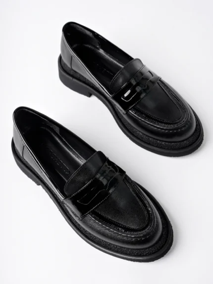 Marshetta Shoes Velora Model Siyah Cilt Rugan Detaylı Kadın Loafer Günlük Ayakkabı Makosen