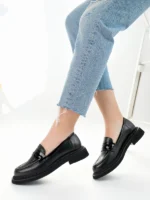 Marshetta Shoes Velora Model Siyah Cilt Rugan Detaylı Kadın Loafer Günlük Ayakkabı Makosen
